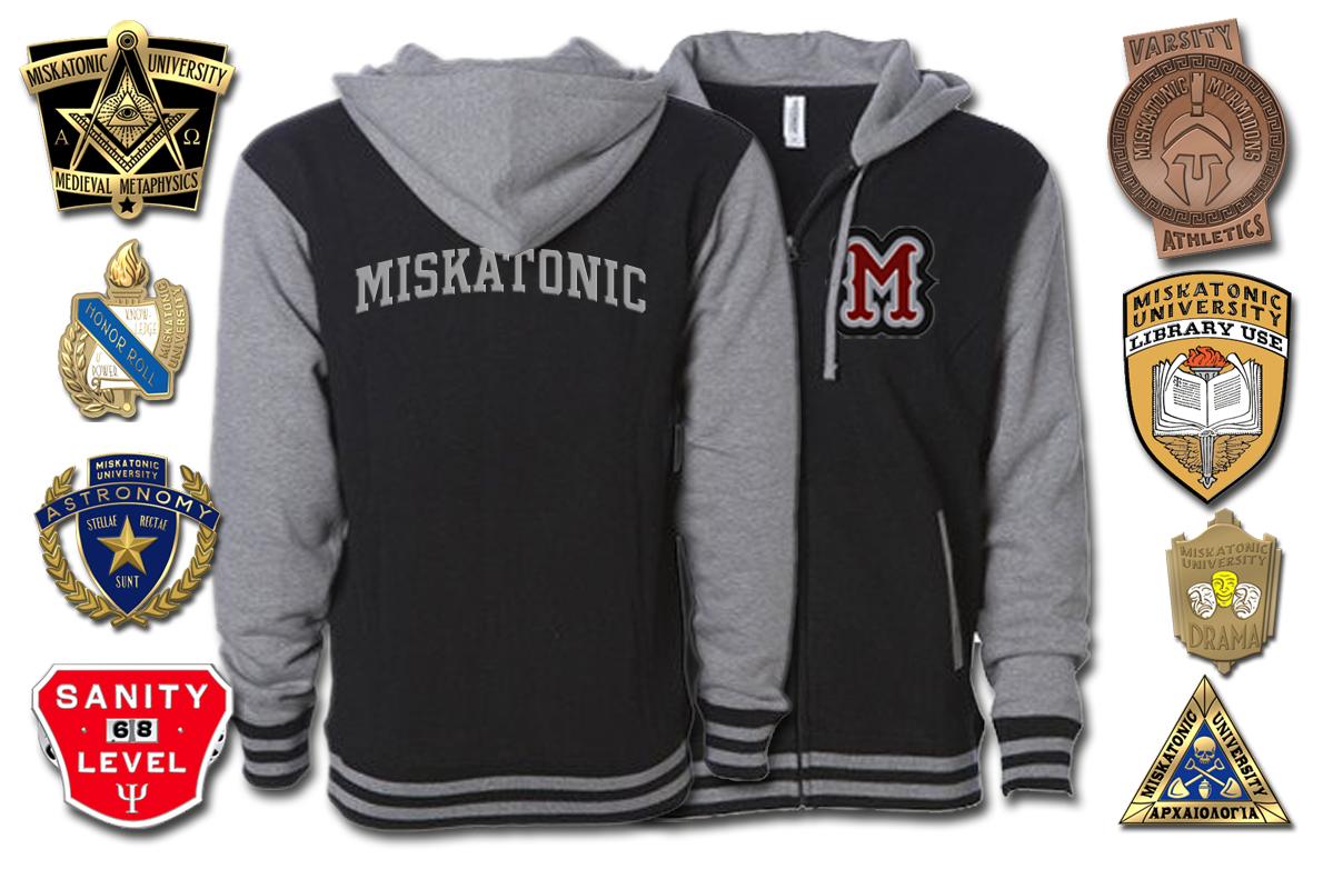Miskatonic Varsity hoodie and pins